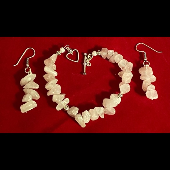 Hand Crafted Earrings Rose Quartz Stacked Chip Natural Pink Stones Pierced - Picture 3 of 4